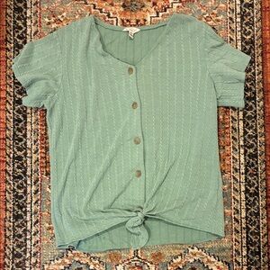 Sage Green Button-Front Tie Hem V-Neck Top